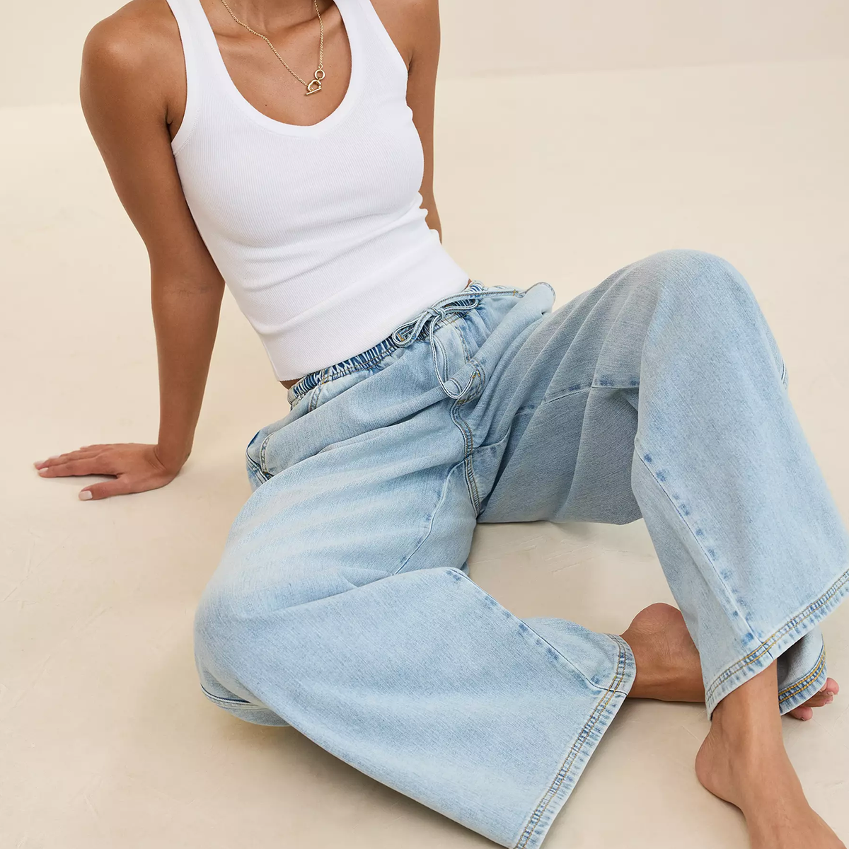 Daydream Denim Drawstring Pull‑On Wide‑Leg Pants Trousers