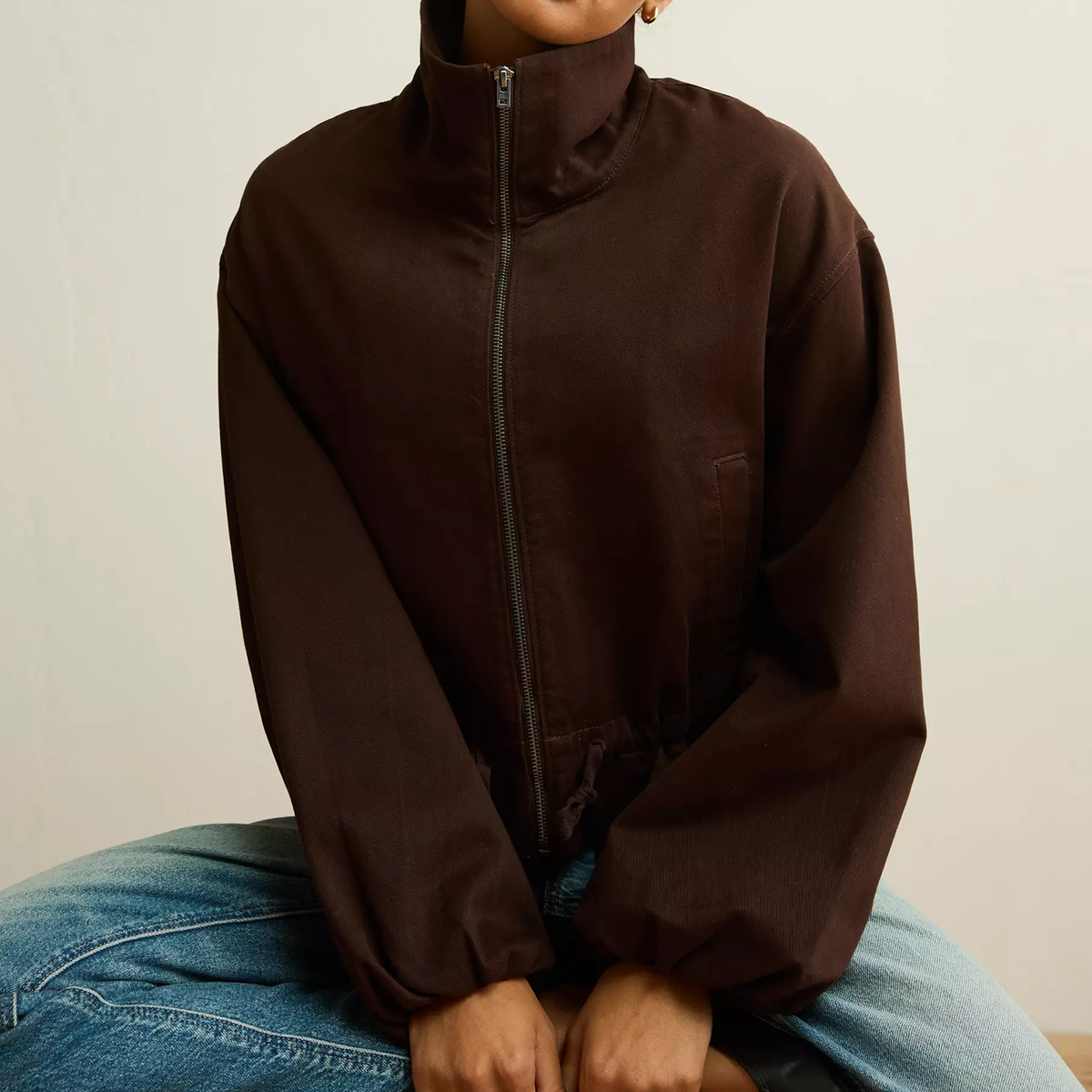 Funnel Neck Drawstring Waist Cropped Bomber Jacket